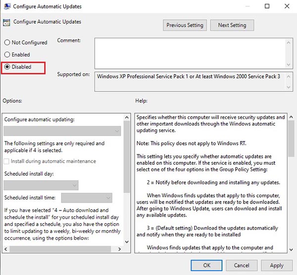 huong dan tat update win 10 10 Chuyển trạng thái Disabled rồi hoàn tất cài đặt