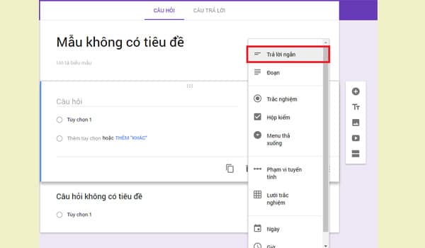 Tạo câu hỏi trong Google Form